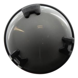Top-down view of a gray baseball bat end with black plastic inserts.