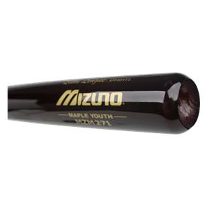 Close-up of a dark brown Mizuno baseball bat with gold lettering MAPLE YOUTH MZM271.