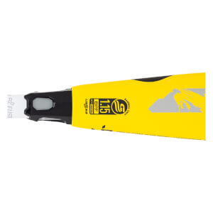Close-up of a yellow baseball bat with black accents, USSSA and 1.15 BPF markings.