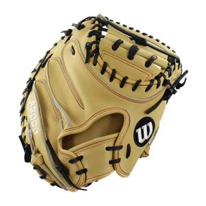Corner view of a tan Wilson A2000 catchers mitt with black lacing and a black W logo.