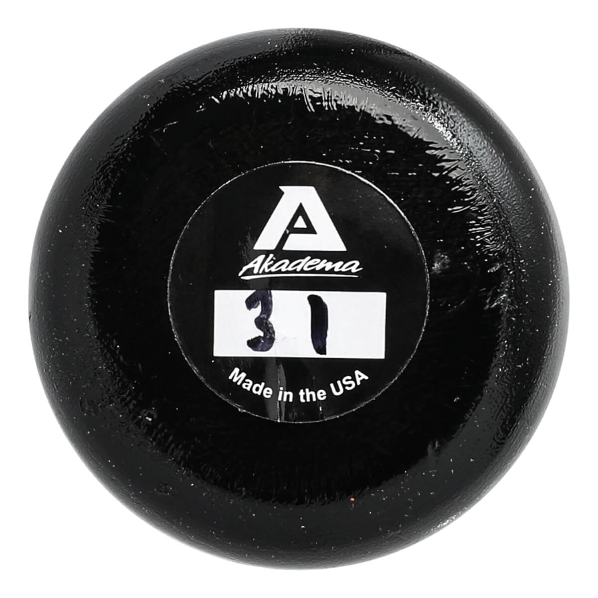 Top-down view of a black baseball bat with Akadema logo and 31 size marking.