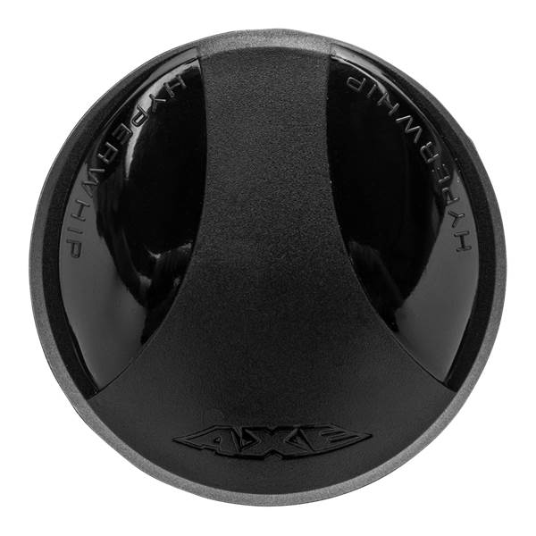 Top-down view of a black baseball bat end cap with HYPERWHIP text and Axe logo.