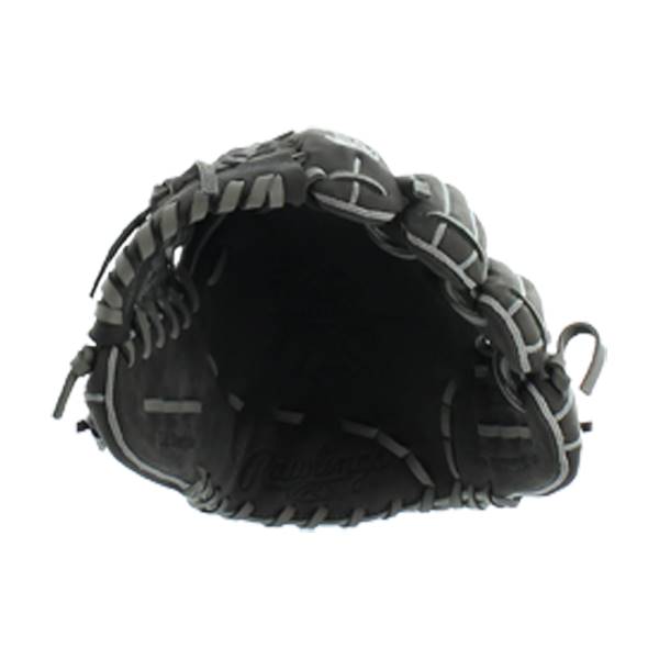 Top-down view of a black baseball glove with white stitching and a Rawlings logo.