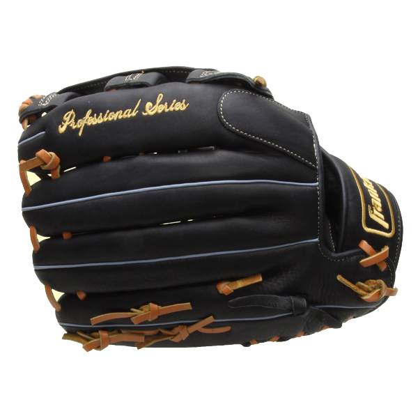 Side view of a black baseball glove with gold Professional Series embroidery and tan lacing.
