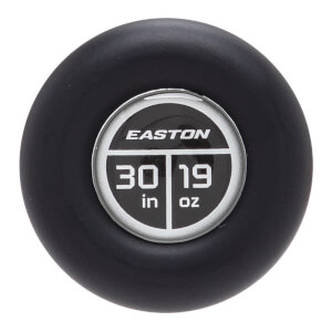 Top-down view of a black baseball bat end cap with a circular insert showing EASTON logo, 30 in, and 19 oz.