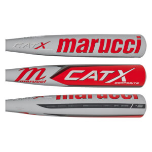 Side view of a gray baseball bat with red marucci and CATX COMPOSITE text.
