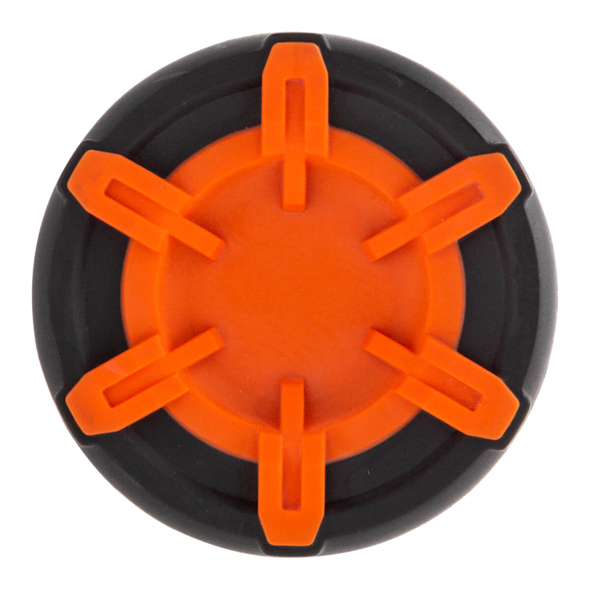 Top-down view of a black and orange baseball bat end cap with six orange prongs.