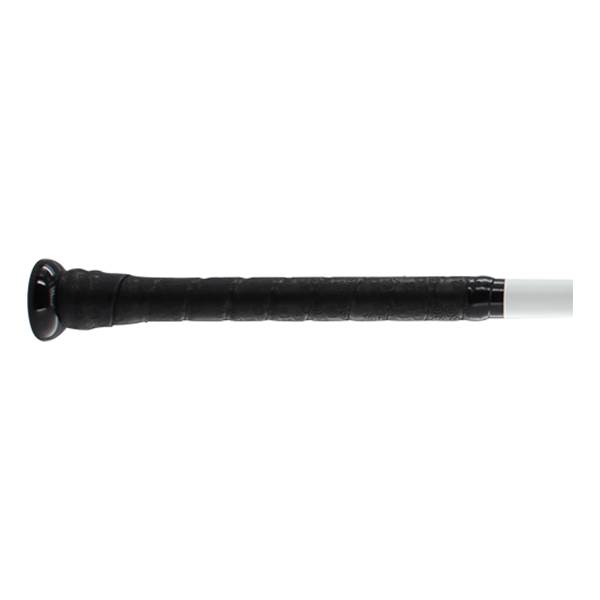 Side view of a black baseball bat with a textured grip and white barrel.