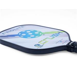 Side view of a white pickleball paddle with blue and green graphics, PROLITE and CRUSH text.