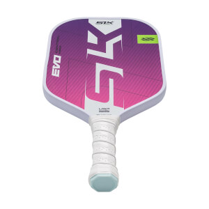 Top-down view of a white pickleball paddle with a pink gradient, large white SLK logo, and white grip.