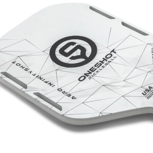 Corner view of a white pickleball paddle with a black logo, geometric pattern, and text.