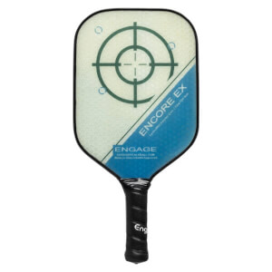 Front view of a white and blue pickleball paddle with a target design and ENCORE EX text.
