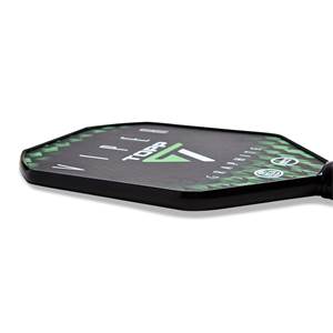 Side view of a black pickleball paddle with green geometric pattern, TOPP logo, and GRAPHITE text.