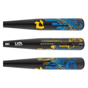 Side view of a black baseball bat with yellow DeMarini logo and blue/yellow splatter design.