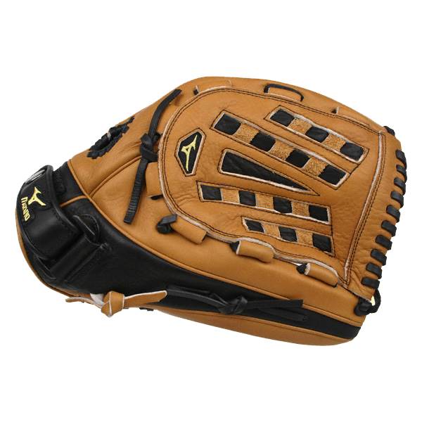 Side view of a tan and black fastpitch glove with a Mizuno logo and black lacing.