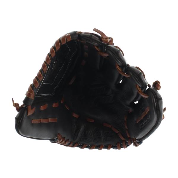 Top-down view of a black softball glove with brown lacing and Rawlings logo.