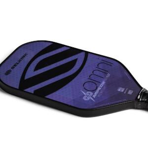 Top-down view of a purple Selkirk pickleball paddle with black Selkirk logo and omni text.