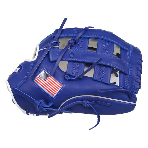 Side view of a royal blue baseball glove with an American flag patch and white trim.
