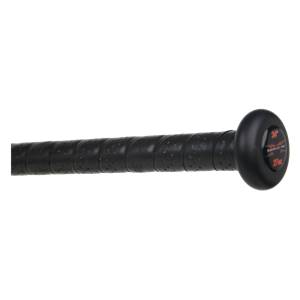 Side view of a black Miken Vicious slow pitch softball bat with a perforated grip and red end cap branding.