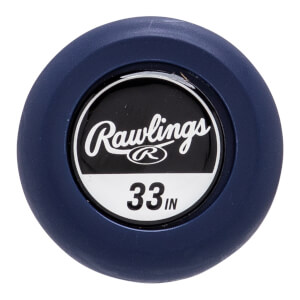 Close-up of a navy blue bat end cap with a white Rawlings logo and 33 IN text.