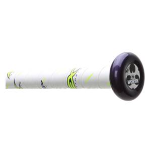 Side view of a purple softball bat end cap with the Worth logo and white grip with yellow accents.