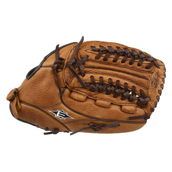 Side view of a tan baseball glove with dark brown lacing and a white E logo.