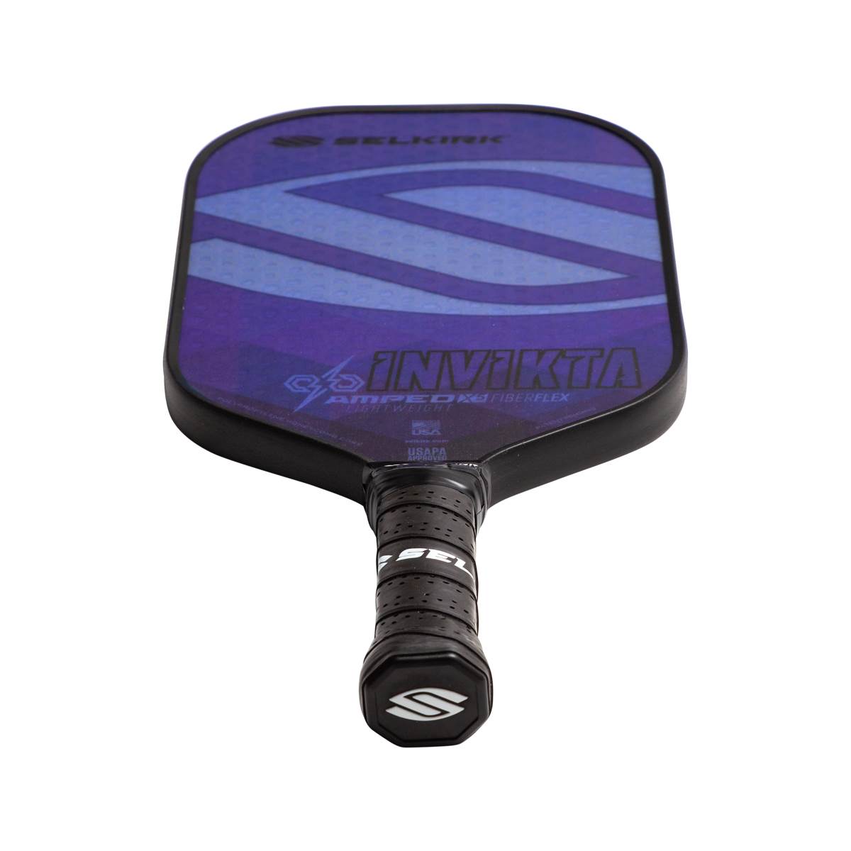 Top-down view of a purple pickleball paddle with INV IKTA text and a black grip.
