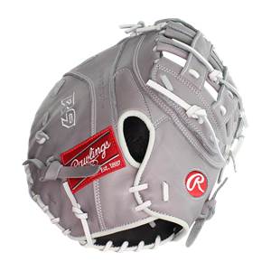 Top-down view of a gray fastpitch softball first base mitt with a red Rawlings logo and white lacing.