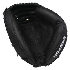 Top-down view of a black Easton catchers mitt with a textured palm and white EASTON lettering.