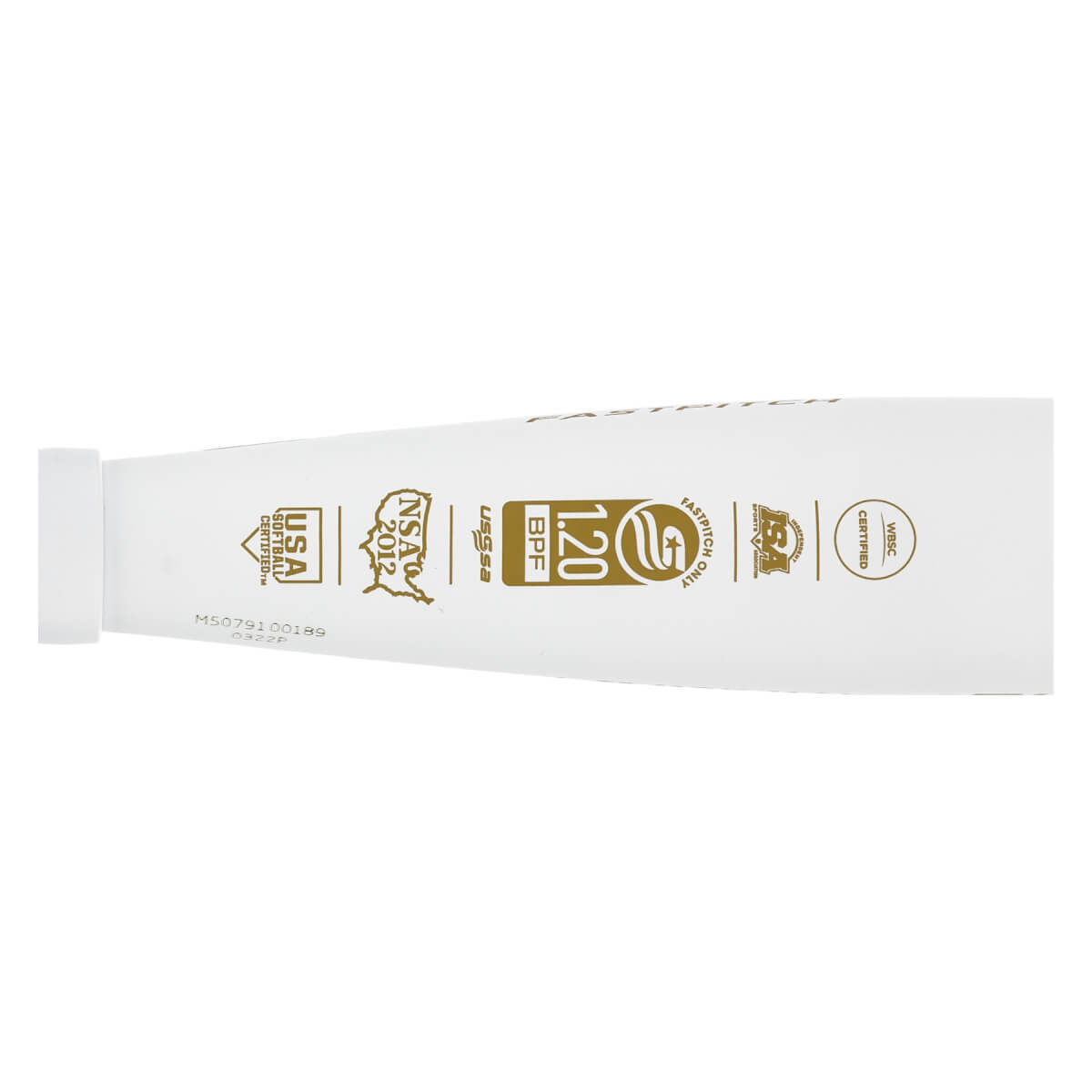 Side view of a white fastpitch softball bat with USA Softball, NSA 2012, and 1.20 BPF logos.