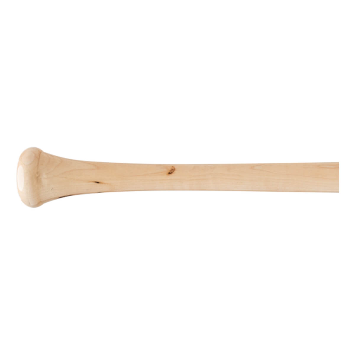 Side view of a natural wood baseball bat with a prominent knob, a tapered handle, and visible wood grain.