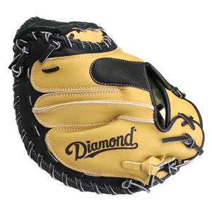 Front view of a tan and black catchers mitt with Diamond logo and white stitching.