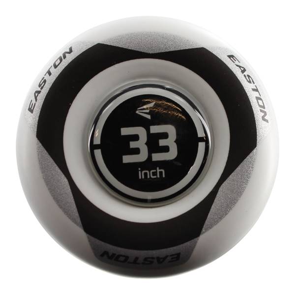 End view of a white baseball bat with black and silver accents, showing 33 inch and EASTON branding.