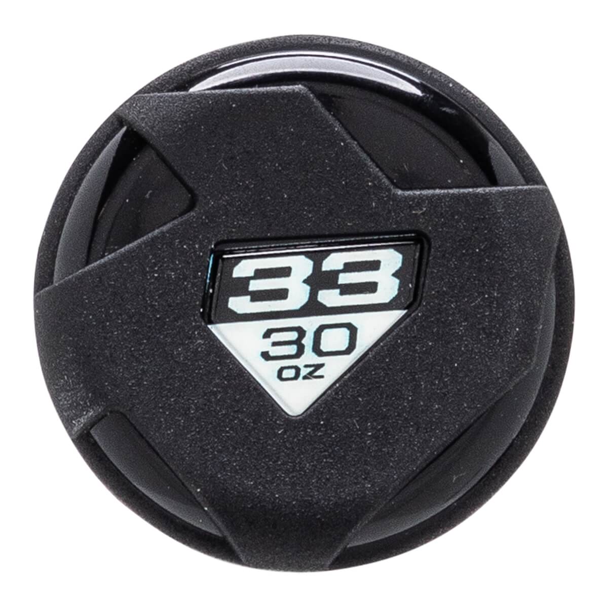 Top-down view of a black baseball bat end cap with a textured finish and 33 30 OZ printed on a white insert.