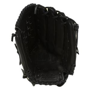 Interior view of a black baseball glove with lacing and embossed Mizuno logo.