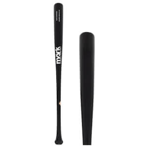 Front view of a black baseball bat with white Mark Lumber Company logo, a glossy finish, and a light wood grain detail.