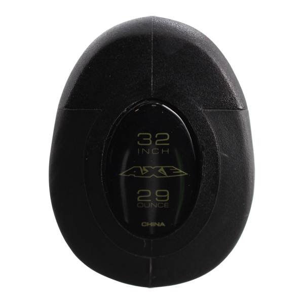 Top-down view of a black baseball bat end cap with 32 INCH, AXE, 29 OUNCE, and CHINA text.