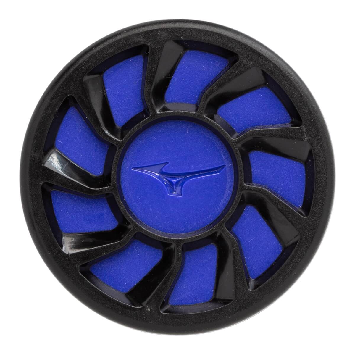 End view of a black baseball bat with a blue insert and a blue Mizuno logo.