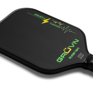 Corner view of a black GRUVN RAW-16H pickleball paddle with green text and a lightning bolt graphic.