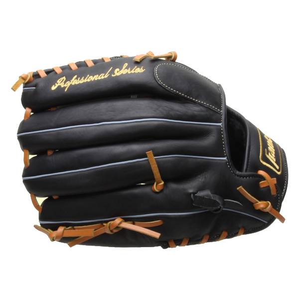 Side view of a black baseball glove with tan lacing and Professional Series text.