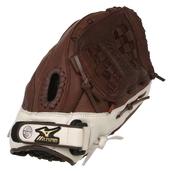 Side view of a brown and white softball glove with a woven pocket and Mizuno branding.