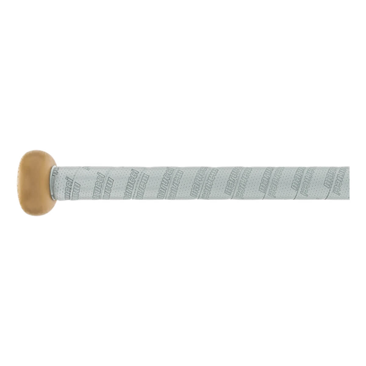 Side view of a softball bat handle with a tan knob and white perforated grip tape displaying repeated Marucci text.