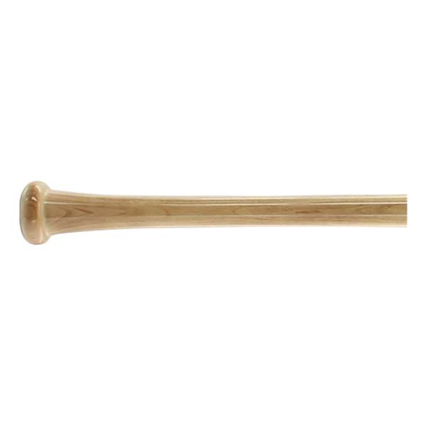 Side view of a light brown maple baseball bat with a rounded knob and smooth barrel.