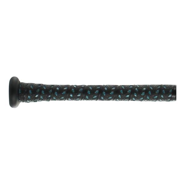 Side view of a black baseball bat with a textured grip and teal accents.