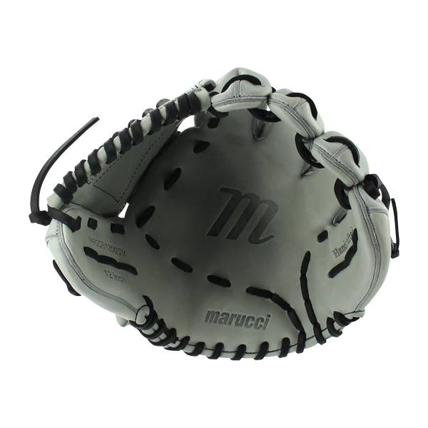Top-down view of a gray and black Marucci glove with m logo and marucci text.