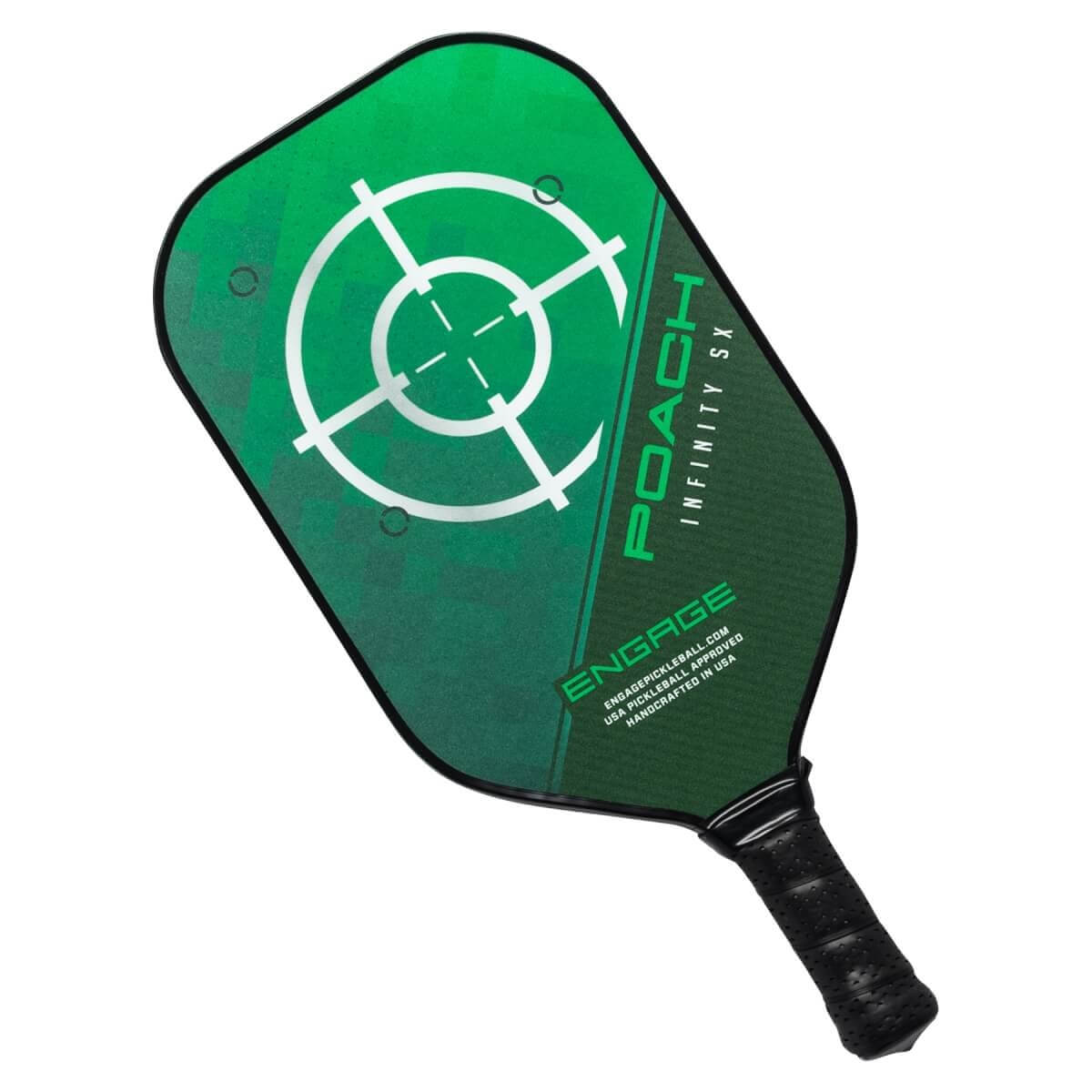 Top-down view of a green pickleball paddle with a target design, POACH INFINITY SX text, and a black grip.