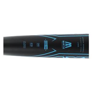 Side view of a black baseball bat with blue Mantic branding, BBCOR 50 text, and size indicators.