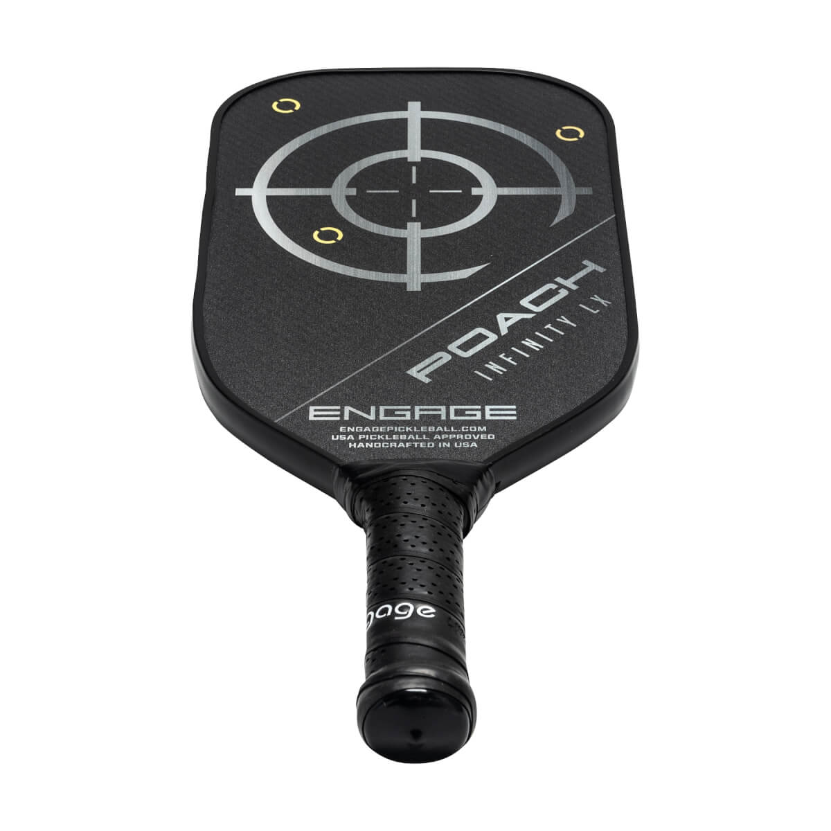 Front view of a black pickleball paddle with a target design, POACH INFINITY LX text, and ENGAGE logo.