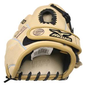 Top-down view of a tan Mizuno fastpitch mitt with POWER LOCK and ULTRA SOFT text.