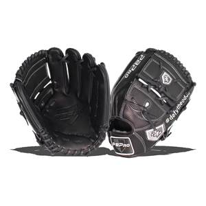 Front view of a black baseball glove with white stitching, PBPRO logo, and #defytheod... text.